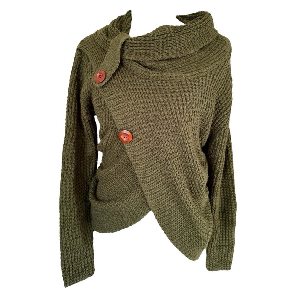 Vintage Olive Green Asymmetrical Cowl Sweater with Button Detail